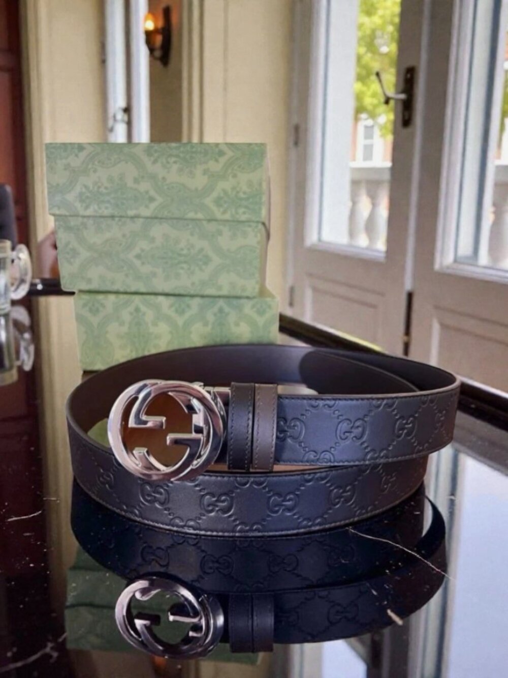 GUCCI Reversible Black Brown Leather Belt Signature GG W/ Box & Dust Bag 95